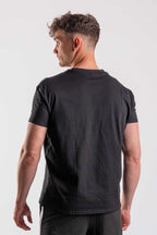 Men’s distressed black T-shirt rear view