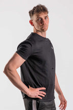 Men’s black athletic T-shirt with distressed cut-outs