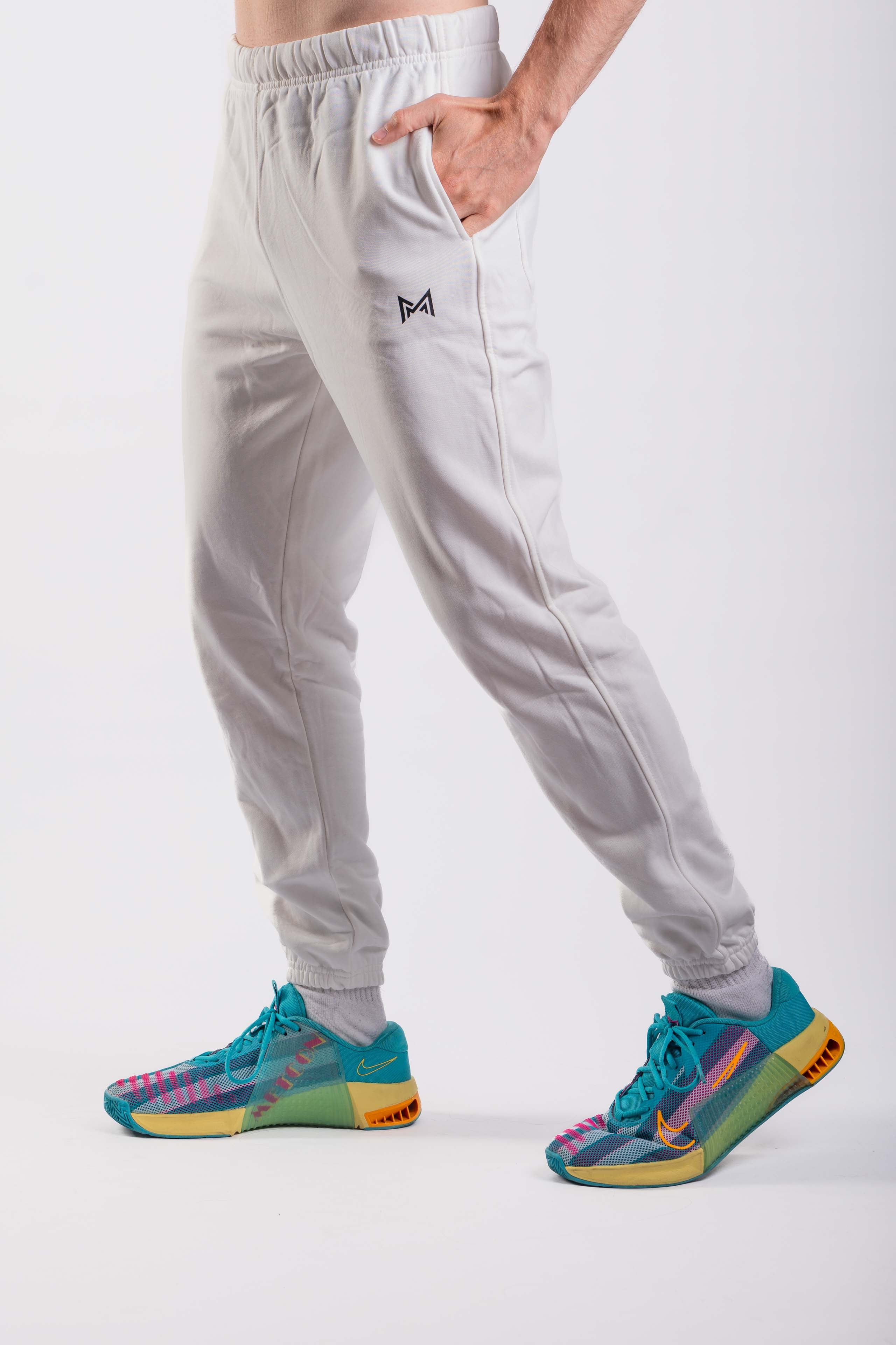 White men’s joggers with side pocket and MM Essentiels logo